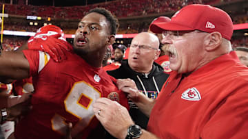 Oct 12, 2025; Kansas City, Missouri, USA; Detroit Lions safety Brian Branch (not pictured) and Kansas City Chiefs wide receiver Juju Smith-Schuster (9) get into a fight after the game at GEHA Field at Arrowhead Stadium. Mandatory Credit: Jay Biggerstaff-Imagn Images