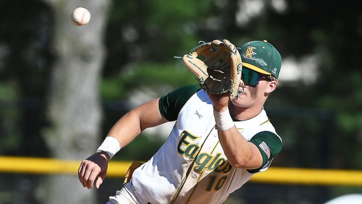 Morris Knoll's Luke Dickerson waits on the ball at 2nd base as Morris Knolls Baseball defeats Delsea 11-3 in the Group 3 final on June 8,2024