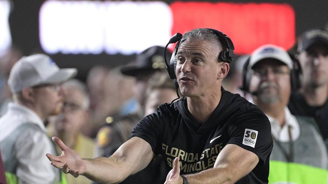 Oct 4, 2025; Tallahassee, Florida, USA; Florida State Seminoles head coach Mike Norvell during the first half against the Miami Hurricanes at Doak S. Campbell Stadium. Mandatory Credit: Melina Myers-Imagn Images
