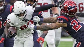 Nov 19, 2023; Houston, Texas, USA; Arizona Cardinals wide receiver Greg Dortch (83) stiff arms