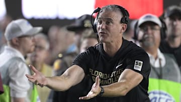 Oct 4, 2025; Tallahassee, Florida, USA; Florida State Seminoles head coach Mike Norvell during the first half against the Miami Hurricanes at Doak S. Campbell Stadium. Mandatory Credit: Melina Myers-Imagn Images