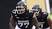 Oct 11, 2025; Boulder, Colorado, USA; Colorado Buffaloes offensive lineman Jordan Seaton (77) during the second quarter against the Iowa State Cyclones at Folsom Field. Mandatory Credit: Ron Chenoy-Imagn Images