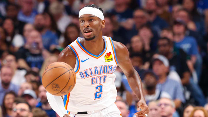 May 18, 2024; Dallas, Texas, USA;  Oklahoma City Thunder guard Shai Gilgeous-Alexander (2) dribbles during the first half against the Dallas Mavericks  in game six of the second round of the 2024 NBA playoffs at American Airlines Center. Mandatory Credit: Kevin Jairaj-USA TODAY Sports