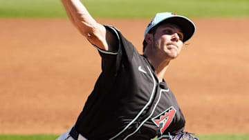 Arizona Diamondbacks pitcher Drey Jameson throws to the Milwaukee Brewers in the third inning of a spring training game on Feb. 26, 2025, in Scottsdale at Salt River Fields at Talking Stick.