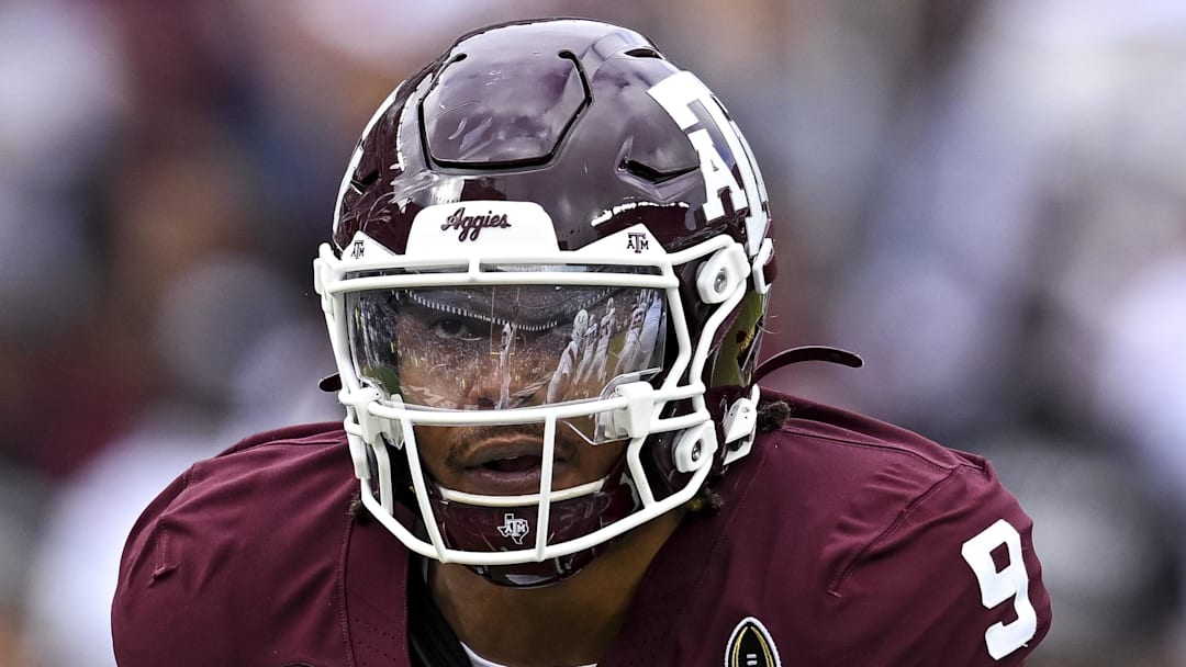 Dec 20, 2025; College Station, TX, USA; Texas A&M Aggies defensive end Cashius Howell (9) applies pressure during the first half against the Miami Hurricanes at Kyle Field. Mandatory Credit: Maria Lysaker-Imagn Images