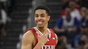 Mar 29, 2025; San Francisco, CA, USA; Texas Tech Red Raiders guard Chance McMillian (0) reacts during the second half against the Florida Gators during the West Regional final of the 2025 NCAA tournament at Chase Center. Mandatory Credit: Eakin Howard-Imagn Images