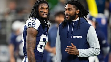 Dallas Cowboys wide receiver CeeDee Lamb (88) and cornerback Trevon Diggs (7) during pregame warmups before the game against the New York Giants at AT&T Stadium.