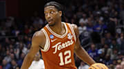 Mar 19, 2025; Dayton, OH, USA; Texas Longhorns guard Tramon Mark (12) dribbles in the first half against the Xavier Musketeers at UD Arena. Mandatory Credit: Rick Osentoski-Imagn Images