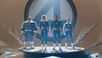 (L-R): Ebon Moss-Bachrach as Ben Grimm/The Thing, Vanessa Kirby as Sue Storm/Invisible Woman, Pedro Pascal as Reed Richards/Mister Fantastic and Joseph Quinn as Johnny Storm/Human Torch in 20th Century Studios/Marvel Studios' THE FANTASTIC FOUR: FIRST STEPS. Photo courtesy of 20th Century Studios/Marvel Studios. © 2025 20th Century Studios / © and ™ 2025 MARVEL.