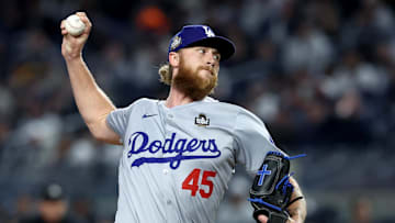 Los Angeles Dodgers pitcher Michael Kopech (45) throws during the ninth inning against the New York Yankees in game three of the 2024 MLB World Series at Yankee Stadium.