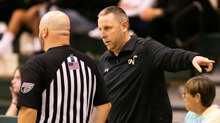 Villages Charter head coach Colt McDowell talks with an official asking why Forest didn   t get a technical.  The Villages Charter visited the Forest Wildcats Tuesday night, January 24, 2023 at Forest High School in Ocala, FL. The Wildcats defeated the Villages Buffalo 65-53. [Doug Engle/Ocala Star-Banner]2023

Oca Fhs Vs The Villages