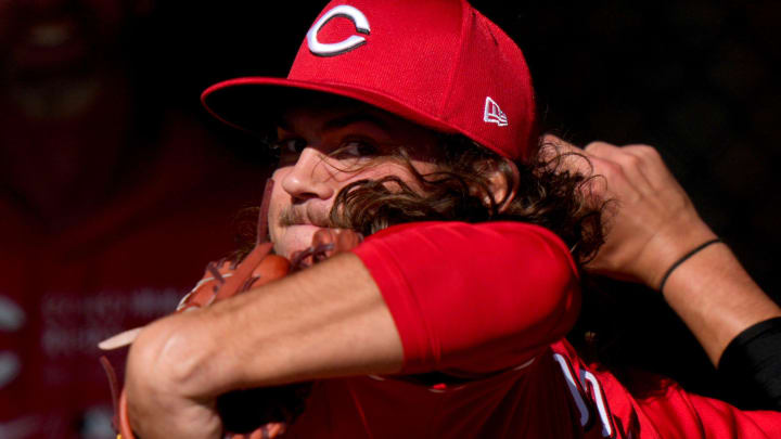 Cincinnati Reds non-roster invitee pitcher Rhett Lowder (81) throws in the bullpen during spring training workouts, Friday, Feb. 16, 2024, at the team’s spring training facility in Goodyear, Ariz.