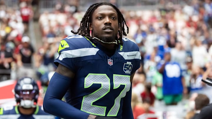 Sep 25, 2025; Glendale, Arizona, USA; Seattle Seahawks cornerback Riq Woolen (27) against the Arizona Cardinals at State Farm Stadium. Sep 25, 2025; Glendale, Arizona, USA; Seattle Seahawks cornerback Riq Woolen (27) against the Arizona Cardinals at State Farm Stadium.