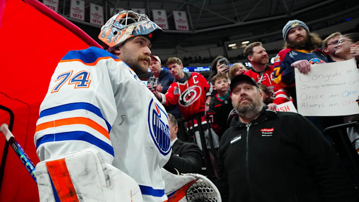 Stuart Skinner (74) goes past the fans at Lenovo Center. Credit: James Guillory-Imagn Images
