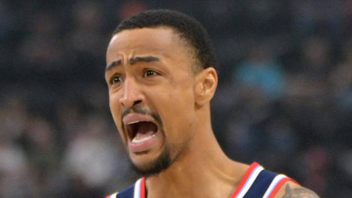 Feb 4, 2026; Inglewood, California, USA; Los Angeles Clippers forward John Collins (20) reacts after he was charged with a foul on Cleveland Cavaliers guard Donovan Mitchell (45) in the first half at Intuit Dome. Mandatory Credit: Jayne Kamin-Oncea-Imagn Images
