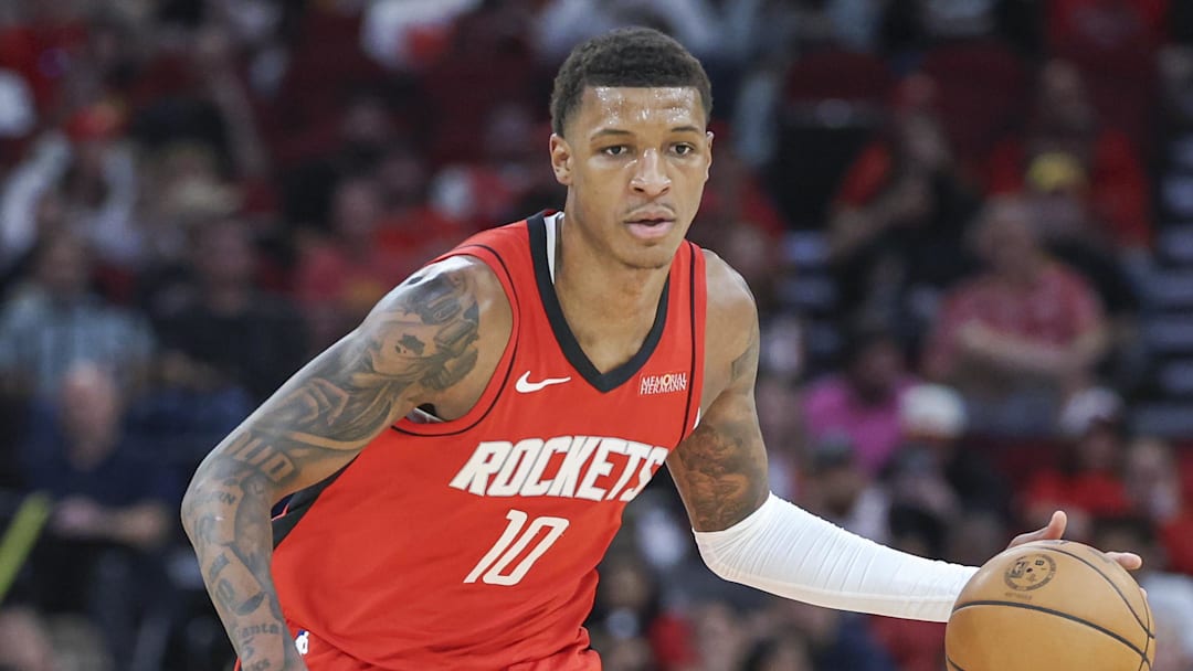 Oct 23, 2024; Houston, Texas, USA; Houston Rockets forward Jabari Smith Jr. (10) in action during the game against the Charlotte Hornets at Toyota Center. Mandatory Credit: Troy Taormina-Imagn Images