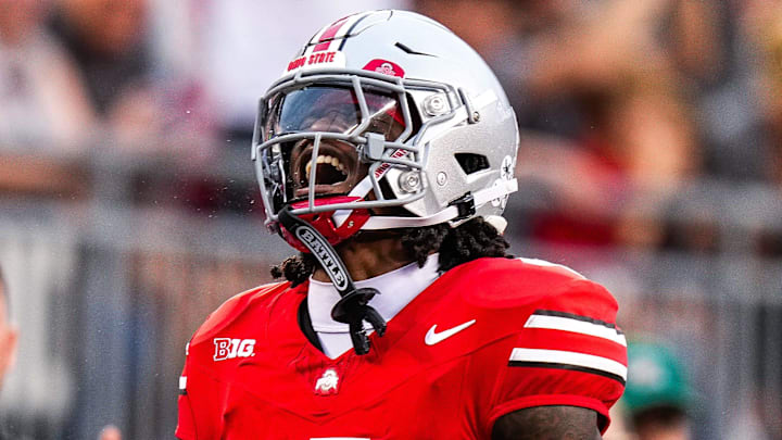 Ohio State Buckeyes wide receiver Jeremiah Smith (4) reacts after catching a pass in the first half at the Ohio Stadium on Saturday, Sept. 13, 2025 in Columbus, Ohio. Ohio State Buckeyes wide receiver Jeremiah Smith (4) reacts after catching a pass in the first half at the Ohio Stadium on Saturday, Sept. 13, 2025 in Columbus, Ohio.