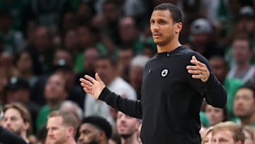 Boston Celtics head coach Joe Mazzulla reacts after a play against the Dallas Mavericks during the second quarter in game five of the 2024 NBA Finals at TD Garden.