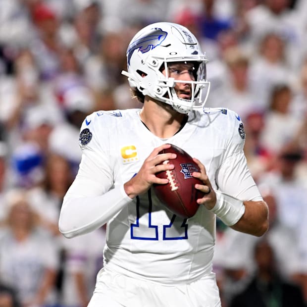 Buffalo Bills quarterback Josh Allen drops back to pass against the New England Patriots