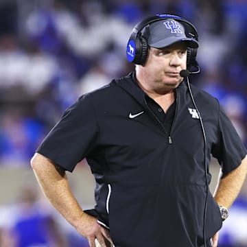 Sep 14, 2024; Lexington, Kentucky, USA; Kentucky Wildcats head coach Mark Stoops looks on during the first quarter against the Georgia Bulldogs at Kroger Field. Mandatory Credit: Carter Skaggs-Imagn Images