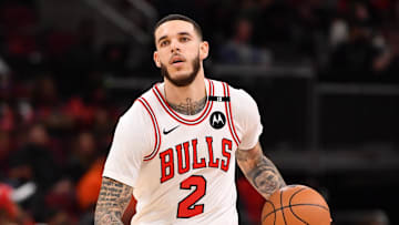 Feb 28, 2025; Chicago, Illinois, USA; Chicago Bulls guard Lonzo Ball (2) controls the ball during a game against the Toronto Raptors at the United Center. Mandatory Credit: Patrick Gorski-Imagn Images