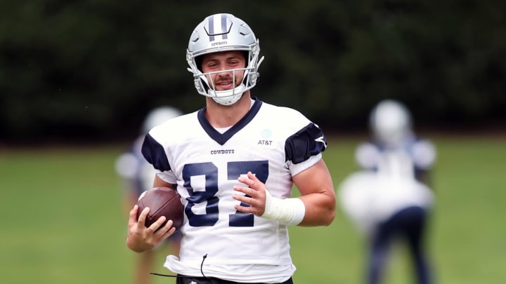 Jun 4, 2024; Frisco, TX, USA;  Dallas Cowboys tight end Jake Ferguson (87) goes through a drill during practice at the Ford Center at the Star Training Facility in Frisco, Texas. Mandatory Credit: Tim Heitman-USA TODAY Sports