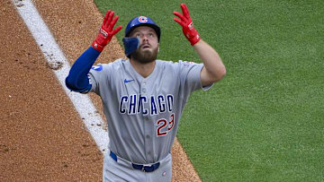 Aug 9, 2025; St. Louis, Missouri, USA;  Chicago Cubs first baseman Michael Busch (29) reacts as he runs the bases after hitting a three run home run against the St. Louis Cardinals during the second inning at Busch Stadium. 