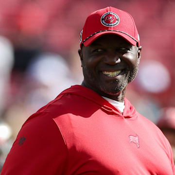 Dec 29, 2024; Tampa, Florida, USA; Tampa Bay Buccaneers head coach Todd Bowles looks on before a game against the Carolina Panthers at Raymond James Stadium. Mandatory Credit: Nathan Ray Seebeck-Imagn Images