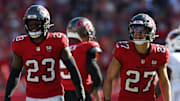 Tampa Bay Buccaneers safety Tykee Smith (23) reacts after recovering a fumble by Arizona Cardinals
