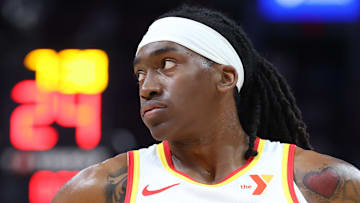 Terance Mann #14 of the Atlanta Hawks looks on against the Miami Heat.