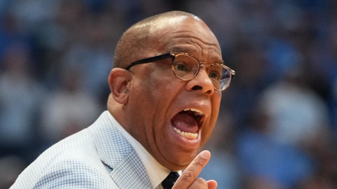 Feb 7, 2026; Chapel Hill, North Carolina, USA;  North Carolina Tar Heels head coach Hubert Davis reacts in the first  half at Dean E. Smith Center. Mandatory Credit: Bob Donnan-Imagn Images
