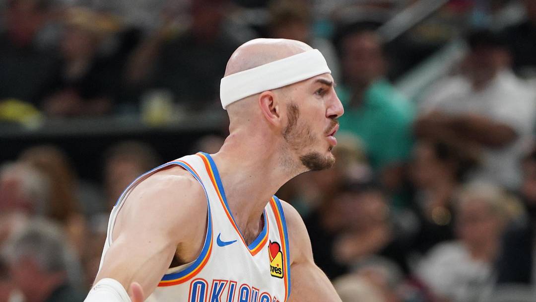 May 28, 2026; San Antonio, Texas, USA; Oklahoma City Thunder guard Alex Caruso (9) reacts in the first half during game six of the western conference finals for the 2026 NBA playoffs at Frost Bank Center. Mandatory Credit: Dustin Safranek-Imagn Images