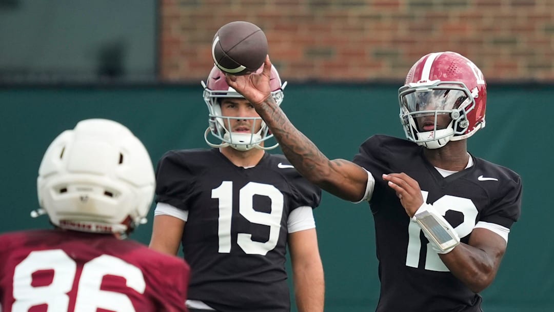 July 30, 2025; Tuscaloosa, AL, USA; Quarterback Keelon Russell throws during the first practice session of the preseason for the Alabama Crimson Tide.
