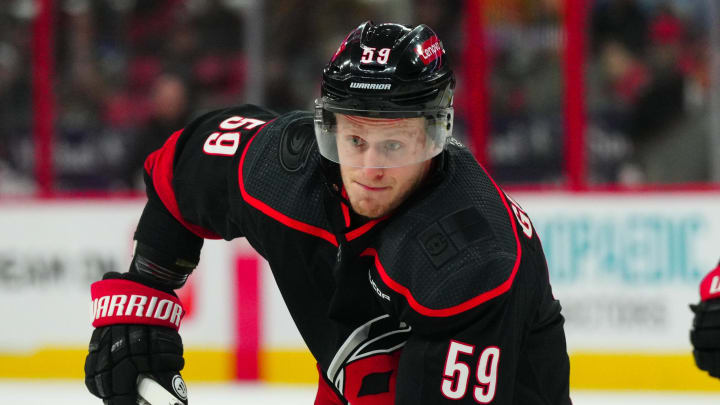 Mar 24, 2024; Raleigh, North Carolina, USA;  Carolina Hurricanes left wing Jake Guentzel (59) skates against the Toronto Maple Leafs during the first period at PNC Arena. Mandatory Credit: James Guillory-USA TODAY Sports