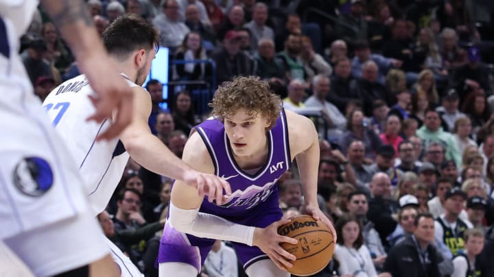 Mar 25, 2024; Salt Lake City, Utah, USA; Utah Jazz forward Lauri Markkanen (23) looks to move the ball against the Dallas Mavericks during the third quarter at Delta Center. Mandatory Credit: Rob Gray-USA TODAY Sports