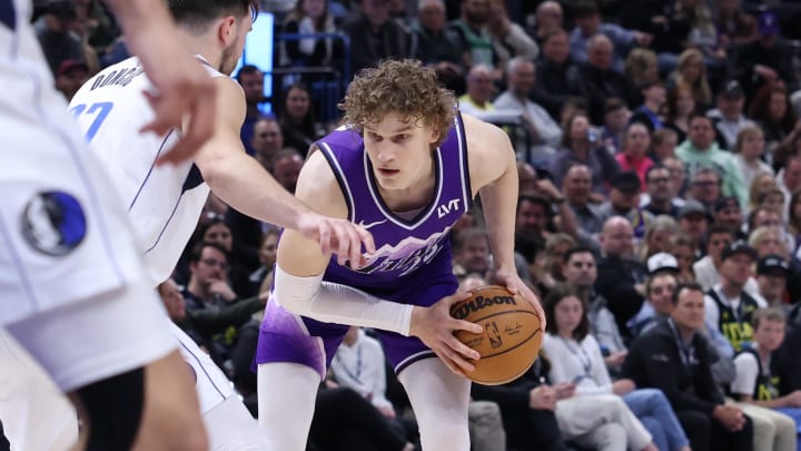 Mar 25, 2024; Salt Lake City, Utah, USA; Utah Jazz forward Lauri Markkanen (23) looks to move the ball against the Dallas Mavericks during the third quarter at Delta Center. Mandatory Credit: Rob Gray-USA TODAY Sports