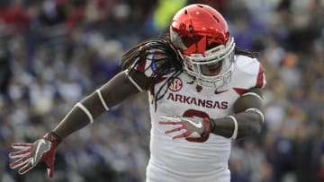Jan 2, 2016; Memphis, TN, USA; Arkansas Razorbacks running back Alex Collins (3) celebrates in the end zone against the Kansas State Wildcats during the first half at Liberty Bowl. Mandatory Credit: Justin Ford-USA TODAY Sports