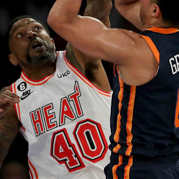 Feb 2, 2023; New York, New York, USA; Miami Heat forward Udonis Haslem (40) blocks a shot by New York Knicks guard Quentin Grimes (6) during the first quarter at Madison Square Garden. Mandatory Credit: Brad Penner-Imagn Images