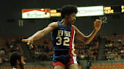 Unknown date and unknown location; USA; FILE PHOTO; New York Nets forward Julius Erving (32) during an ABA game. Mandatory Credit: Malcolm Emmons-USA TODAY Network.