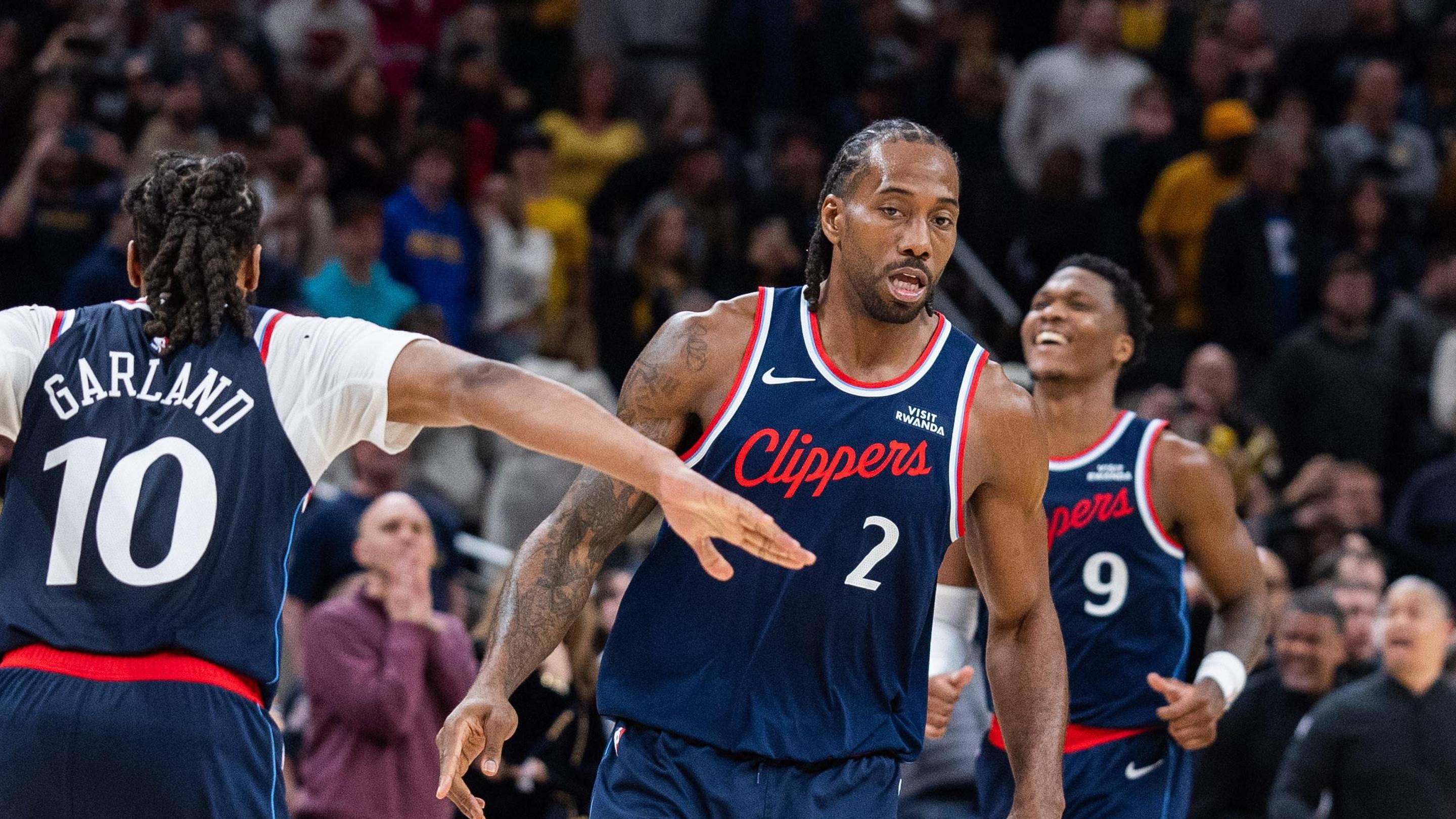 Mar 27, 2026; Indianapolis, Indiana, USA; LA Clippers forward Kawhi Leonard (2) celebrates the game winning shot in the second half against the Indiana Pacers at Gainbridge Fieldhouse. Mandatory Credit: Trevor Ruszkowski-Imagn Images