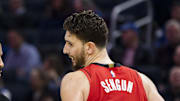 Dec 5, 2024; San Francisco, California, USA;  Houston Rockets head coach Ike Udoka talks to center Alperen Sengun (28) during a time-out in the second quarter of the game against the Golden State Warriors at Chase Center. Mandatory Credit: John Hefti-Imagn Images
