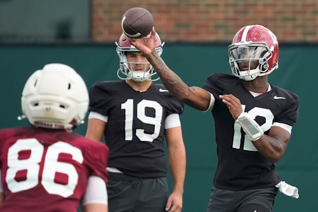 Quarterback Keelon Russell throws during the first practice session of the preseason for the Alabama Crimson Tide.