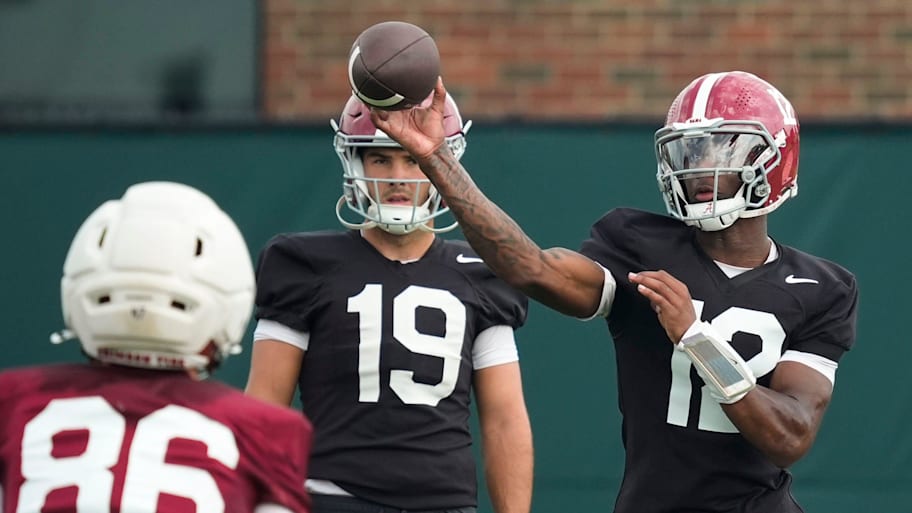 Quarterback Keelon Russell throws during the first practice session of the preseason for the Alabama Crimson Tide.