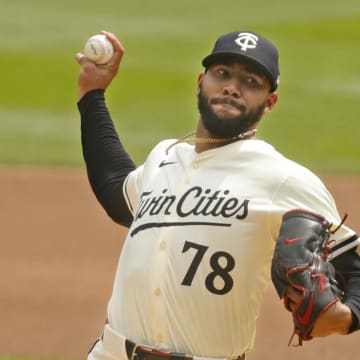 Aug 4, 2024; Minneapolis, Minnesota, USA; Minnesota Twins starting pitcher Simeon Woods Richardson (78) throws to the Chicago White Sox in the first inning at Target Field. Mandatory Credit: Bruce Kluckhohn-USA TODAY Sports