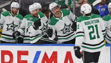 May 27, 2024; Edmonton, Alberta, CAN;  The Dallas Stars celebrate a goal by forward Jason Robertson (21) during the second period against the Edmonton Oilers in game three of the Western Conference Final of the 2024 Stanley Cup Playoffs at Rogers Place. Mandatory Credit: Perry Nelson-USA TODAY Sports