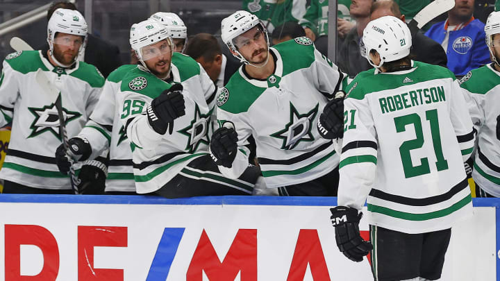 May 27, 2024; Edmonton, Alberta, CAN;  The Dallas Stars celebrate a goal by forward Jason Robertson (21) during the second period against the Edmonton Oilers in game three of the Western Conference Final of the 2024 Stanley Cup Playoffs at Rogers Place. Mandatory Credit: Perry Nelson-USA TODAY Sports