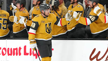Nov 29, 2024; Las Vegas, Nevada, USA; Vegas Golden Knights center Ivan Barbashev (49) celebrates after scoring a goal against the Winnipeg Jets during the third period at T-Mobile Arena. Mandatory Credit: Stephen R. Sylvanie-Imagn Images