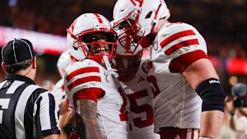 Nebraska wide receiver Nyziah Hunter (left) celebrates his touchdown catch late in the second quarter.