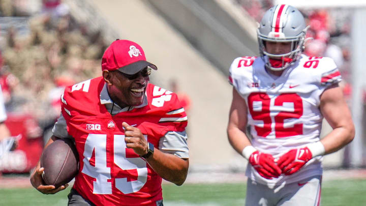 Apr 15, 2023; Columbus, Ohio, United States;  Ohio State Buckeyes alumni Archie Griffin runs the ball down the field during the third quarter of the Ohio State Buckeyes spring game at Ohio Stadium on Saturday morning. Mandatory Credit: Joseph Scheller-The Columbus Dispatch

Football Ceb Osufb Spring Game Ohio State At Ohio State