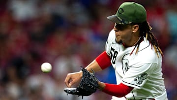 Cincinnati Reds starting pitcher Luis Castillo (58) is the top trade target for the LA Angels.